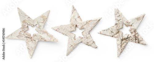 set of three white Christmas stars made of natural birch bark, minimalist scandi / Scandinavian holiday decorations - isolated design elements 