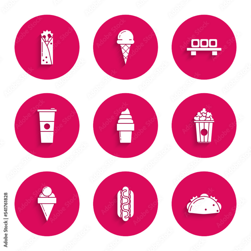Set Ice cream in waffle cone, Hotdog sandwich with mustard, Taco tortilla, Popcorn cardboard box, Paper glass water, Sushi cutting and Doner kebab icon. Vector Set Ice cream in waffle cone, Hotdog sandwich with mustard, Taco tortilla, Popcorn cardboard box, Paper glass water, Sushi cutting and Doner kebab icon. Vector