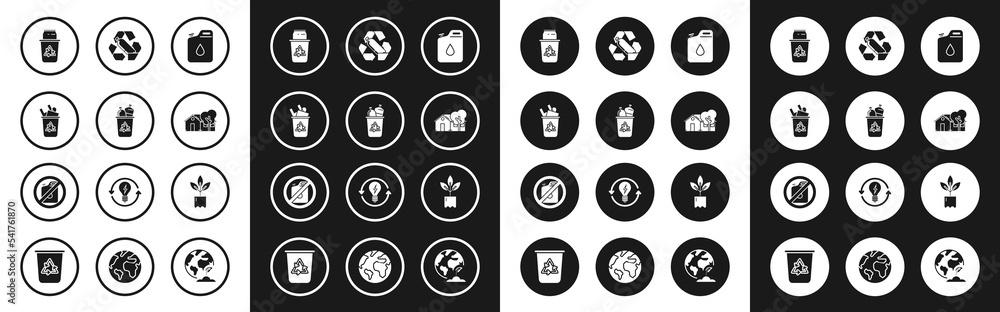 Set Canister for gasoline, Recycle bin with recycle symbol, and can, Eco friendly house, Recycling plastic bottle, Plant and No canister icon. Vector