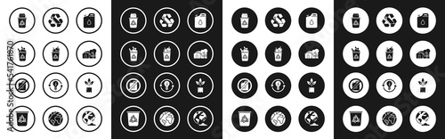 Set Canister for gasoline, Recycle bin with recycle symbol, and can, Eco friendly house, Recycling plastic bottle, Plant and No canister icon. Vector