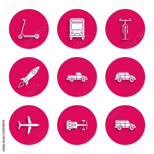 Set Pickup truck, Formula race car, Off road, Hatchback, Plane, Rocket ship with fire, Bicycle and Scooter icon. Vector
