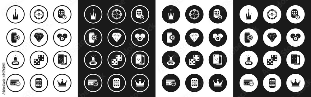 Set Online slot machine, Diamond, poker table game, Crown, Billiard pool snooker 8 ball, Casino roulette wheel, Playing card with heart and win icon. Vector Set Online slot machine, Diamond, poker table game, Crown, Billiard pool snooker 8 ball, Casino roulette wheel, Playing card with heart and win icon. Vector