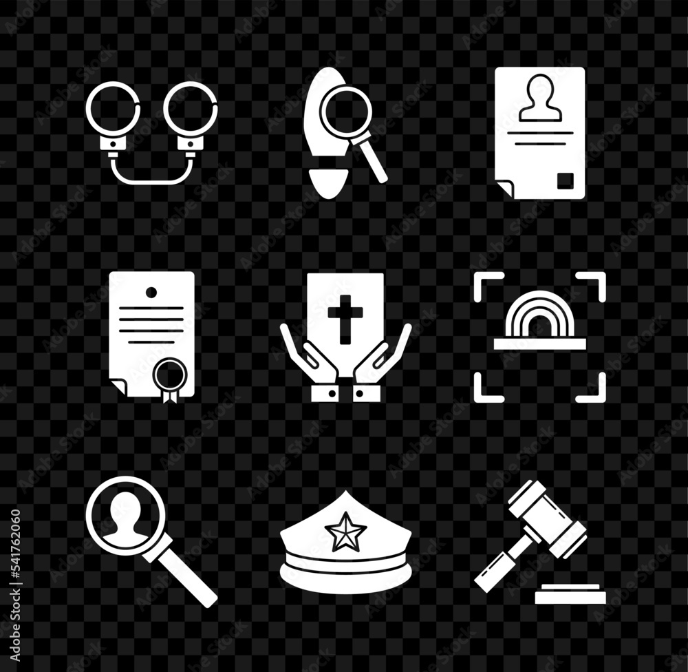 Set Handcuffs, Magnifying glass with footsteps, Identification badge, for search, Police cap cockade, Judge gavel, Certificate template and Oath the Holy Bible icon. Vector Set Handcuffs, Magnifying glass with footsteps, Identification badge, for search, Police cap cockade, Judge gavel, Certificate template and Oath the Holy Bible icon. Vector