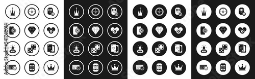 Set Online slot machine, Diamond, poker table game, Crown, Billiard pool snooker 8 ball, Casino roulette wheel, Playing card with heart and win icon. Vector