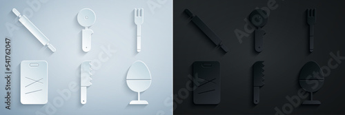 Set Bread knife, Fork, Cutting board, Chicken egg on stand, Pizza and Rolling pin icon. Vector