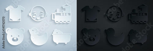 Set Rubber duck, Toy train, Teddy bear plush toy, Baby bathtub, Happy little boy head and onesie icon. Vector