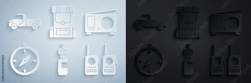 Set Bottle of water, Radio with antenna, Compass, Walkie talkie, Hiking backpack and Pickup truck icon. Vector Set Bottle of water, Radio with antenna, Compass, Walkie talkie, Hiking backpack and Pickup truck icon. Vector