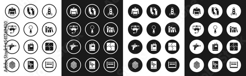 Set Rocket ship, Magnifying glass, Virtual reality glasses, Sweater, Book, Socks, Piece of puzzle and Ray gun icon. Vector