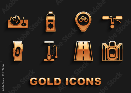Set Bicycle air pump, handlebar, Hiking backpack, lane, Plaster on leg, Location with bicycle, street ramp and Sunscreen cream tube icon. Vector
