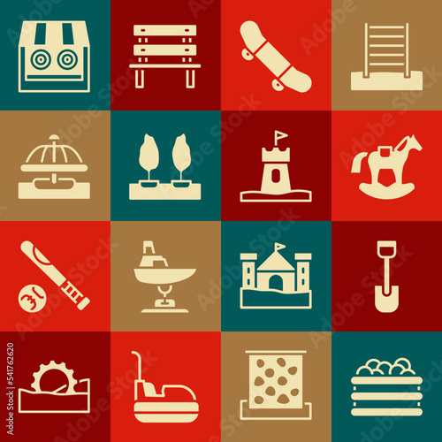 Set Pool with balls, Shovel toy, Horse in saddle swing, Skateboard trick, Forest, Attraction carousel, Shooting gallery and Sand tower icon. Vector