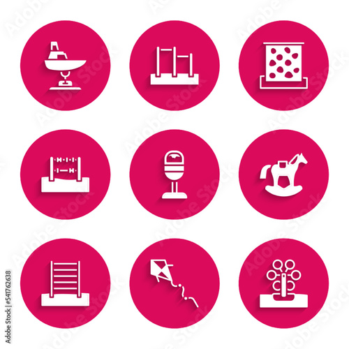 Set Trash can, Kite, Ferris wheel, Horse in saddle swing, Swedish wall, Abacus, Climbing and Swing boat icon. Vector