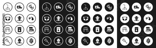 Set Eyeglasses, Deaf, Adult diaper, Walking stick cane, Hearing aid, Emergency car, Medical hospital building and Walker icon. Vector