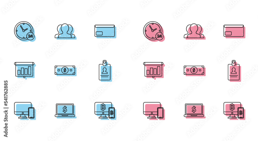 Set line Computer monitor and mobile phone, Identification badge, Presentation financial board graph, schedule, chart, diagram, infographic, pie graph and Users group icon. Vector Set line Computer monitor and mobile phone, Identification badge, Presentation financial board graph, schedule, chart, diagram, infographic, pie graph and Users group icon. Vector