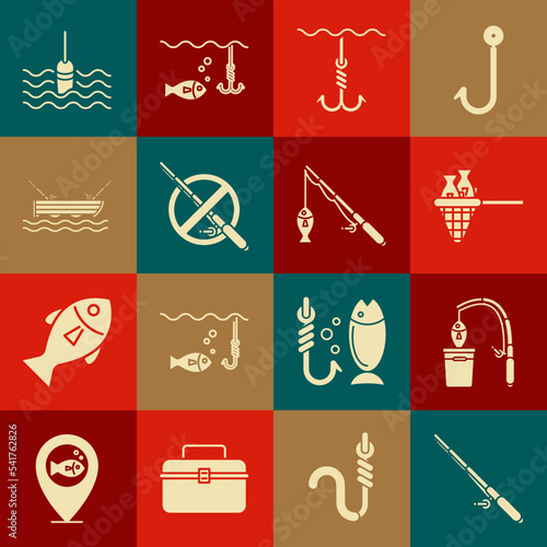 Set Fishing rod, and fish, net with, hook under water, No fishing, boat on, float and icon. Vector