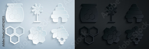 Set Bee and honeycomb, Hive for bees, Honeycomb, Flower and Jar of icon. Vector