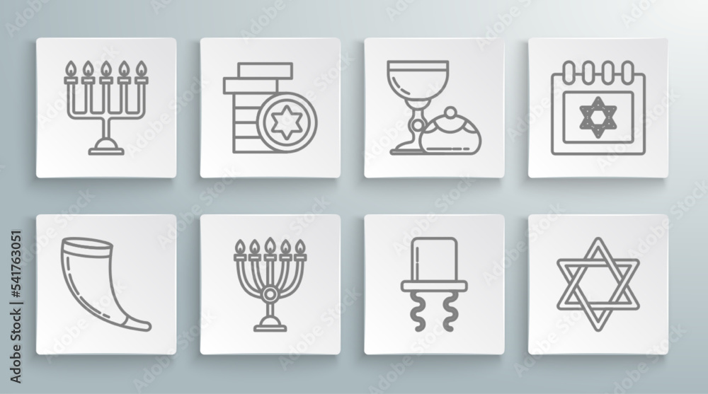 Set line Traditional ram horn, shofar, Jewish coin, Hanukkah menorah, Orthodox jewish hat with sidelocks, Star David, goblet and hanukkah sufganiyot, calendar star david and icon. Vector Set line Traditional ram horn, shofar, Jewish coin, Hanukkah menorah, Orthodox jewish hat with sidelocks, Star David, goblet and hanukkah sufganiyot, calendar star david and icon. Vector