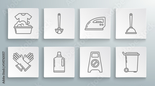 Set line Rubber gloves, Toilet brush, Plastic bottles for liquid dishwashing liquid, Wet floor and cleaning progress, Trash can, Electric iron, plunger and basin with soap suds icon. Vector