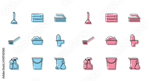 Set line Plastic bottles for liquid dishwashing liquid, Bucket, Toilet plunger, Trash can, basin with soap suds, bowl, brush and Towel stack icon. Vector