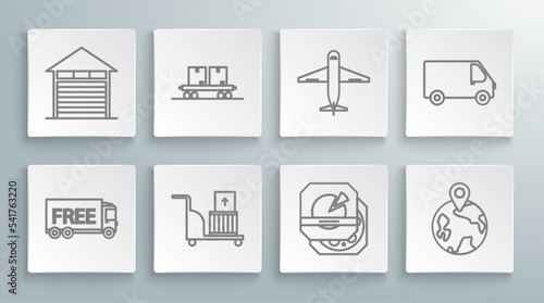 Set line Free delivery service, Railway carriage, Electric hand truck and boxes, Pizza in cardboard, Worldwide, Plane, Delivery cargo vehicle and Closed warehouse icon. Vector