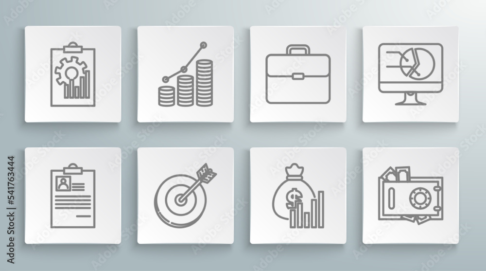 Set line Clipboard with resume, Pie chart infographic and coin, Target, Money bag diagram, Safe money, Briefcase, Computer monitor and icon. Vector Set line Clipboard with resume, Pie chart infographic and coin, Target, Money bag diagram, Safe money, Briefcase, Computer monitor and icon. Vector