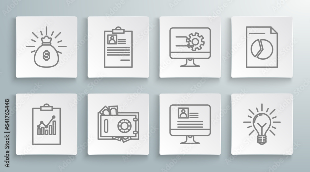 Set line Clipboard with graph chart, resume, Safe and money, Computer monitor, Light bulb rays shine concept of idea, Document and Money bag icon. Vector Set line Clipboard with graph chart, resume, Safe and money, Computer monitor, Light bulb rays shine concept of idea, Document and Money bag icon. Vector