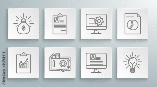 Set line Clipboard with graph chart, resume, Safe and money, Computer monitor, Light bulb rays shine concept of idea, Document and Money bag icon. Vector