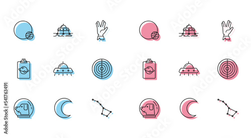 Set line Dog in astronaut helmet, Moon and stars, Planet, Great Bear constellation, UFO flying spaceship, Earth structure, and Mars rover icon. Vector