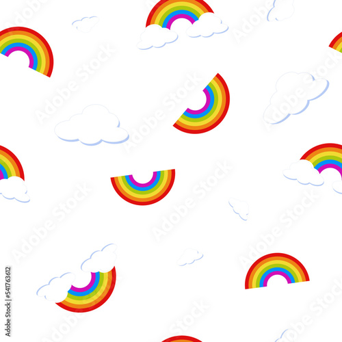 Pattern, background with rainbows and clouds, labels.