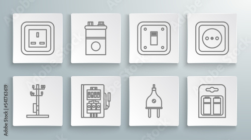 Set line High voltage power pole line, Car battery, Electrical panel, plug, Battery pack, light switch, outlet and icon. Vector