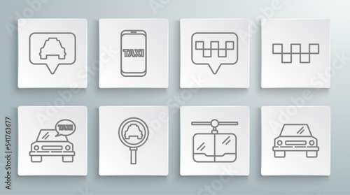 Set line Taxi car, call telephone service, Magnifying glass and taxi, Cable, Car, Map pointer with, roof and icon. Vector