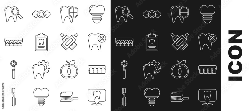 Set line Dental clinic location, Dentures model, Tooth with caries ...