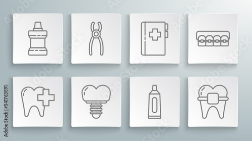 Set line Dental clinic for dental care tooth, pliers, implant, Tube of toothpaste, Teeth with braces, Clipboard card, and Mouthwash plastic bottle icon. Vector