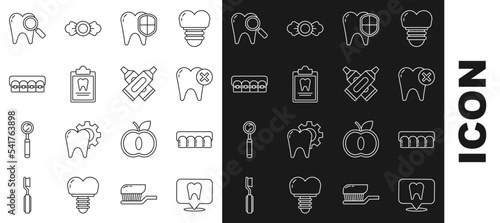 Set line Dental clinic location, Dentures model, Tooth with caries, protection, Clipboard dental card, Teeth braces, search and Crossed tube of toothpaste icon. Vector