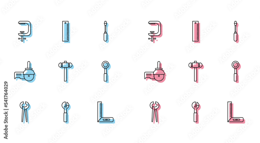 Set line Pincers and pliers, Adjustable wrench, Clamp screw tool, Corner ruler, Sledgehammer, Wrench spanner, Angle grinder and Ruler icon. Vector Set line Pincers and pliers, Adjustable wrench, Clamp screw tool, Corner ruler, Sledgehammer, Wrench spanner, Angle grinder and Ruler icon. Vector