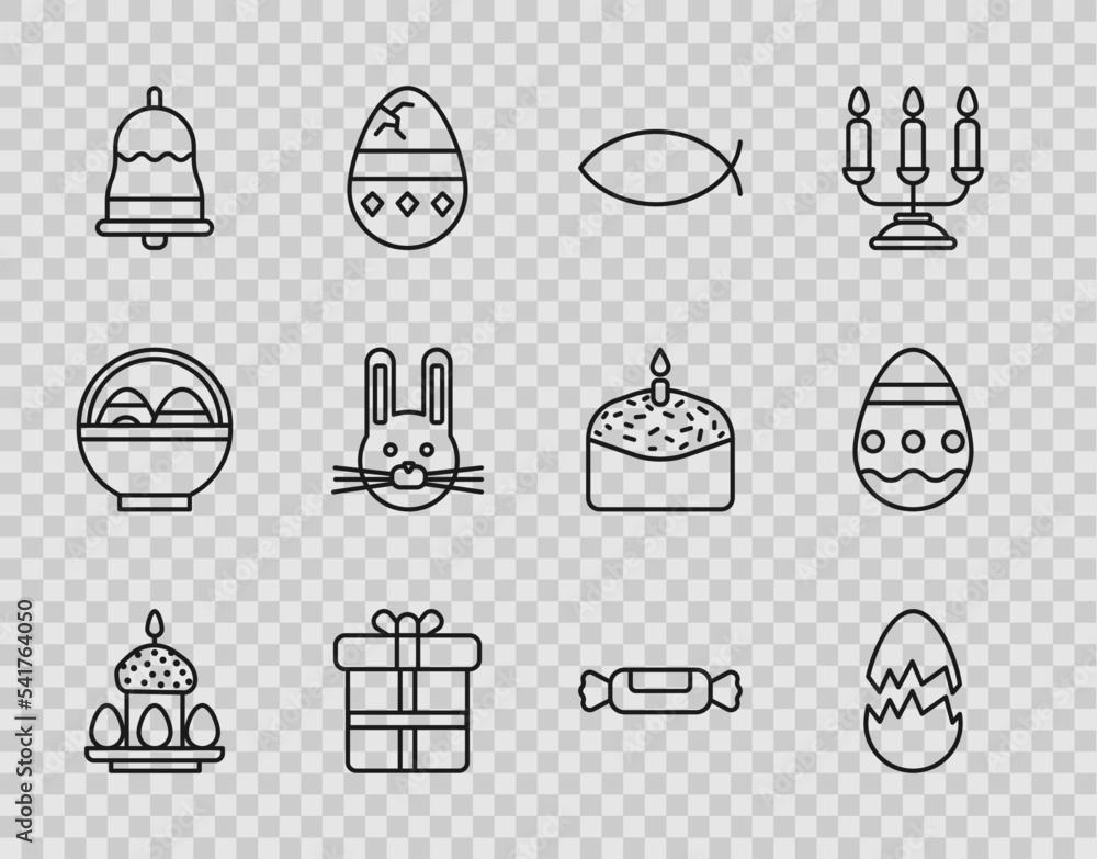 Set line Easter cake and eggs, Broken, Christian fish, Gift box, Ringing bell, rabbit, Candy and icon. Vector Set line Easter cake and eggs, Broken, Christian fish, Gift box, Ringing bell, rabbit, Candy and icon. Vector