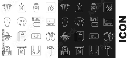 Set line Hammer, Dead body, Beat dead in monitor, Funeral urn, Skull, Coffin with cross, Metallic nails and Crematorium icon. Vector