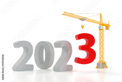 Build the Future Concept. Tower Crane with 2023 Year Sign on a white background. 3d Rendering