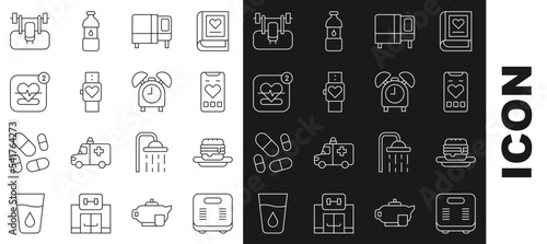Set line Bathroom scales, Junk food, Mobile with heart rate, Bed, Smart watch, Bench barbel and Alarm clock icon. Vector