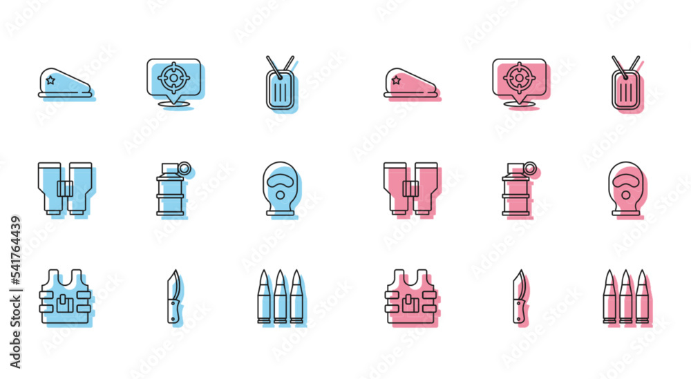 Set line Bulletproof vest, Military knife, beret, Hand smoke grenade, Balaclava, Binoculars and Target sport icon. Vector Set line Bulletproof vest, Military knife, beret, Hand smoke grenade, Balaclava, Binoculars and Target sport icon. Vector