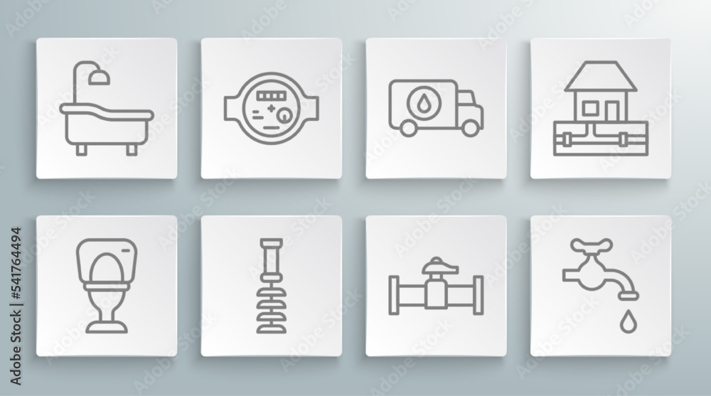 Set line Toilet bowl, Water meter, brush, Industry pipe and valve, tap, Plumber service car, supply pipes and Bathtub icon. Vector Set line Toilet bowl, Water meter, brush, Industry pipe and valve, tap, Plumber service car, supply pipes and Bathtub icon. Vector