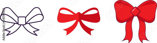 Merry Christmas and Happy New Year concept. Collection of icon of bow in line, flat and cartoon styles for web sites, adverts, articles, shops, stores