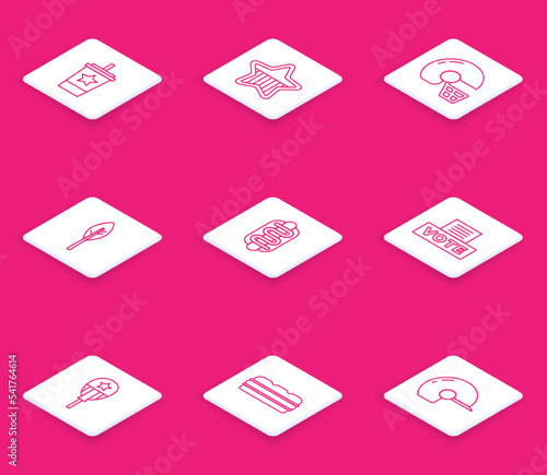 Set line Paper glass with straw, USA Independence day, American football helmet, Indian feather, Hotdog sandwich, Vote box, Balloons and Sandwich icon. Vector