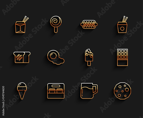 Set line Ice cream in waffle cone, Coffee cup to go, Asian noodles and chopsticks, Wooden beer mug, Cookie or biscuit, Scrambled eggs, Chocolate bar and icon. Vector