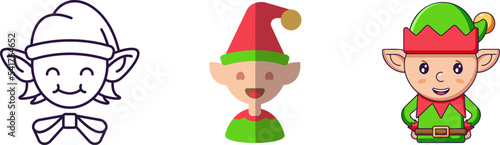 Merry Christmas and Happy New Year concept. Collection of icon of elf helper in line, flat and cartoon styles for web sites, adverts, articles, shops, stores