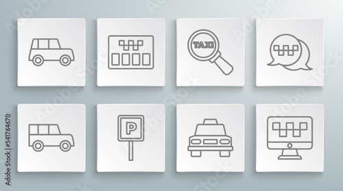 Set line Car, Taximeter, Parking, car, Computer call taxi service, Magnifying glass and, telephone and icon. Vector