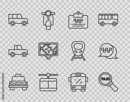 Set line Taxi car, Magnifying glass and taxi, driver license, Cable, Car, Gps device with map, Bus and call telephone service icon. Vector