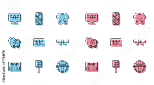 Set line Taximeter, Airport, Location with taxi, car roof, Laptop call service, bus and City map navigation icon. Vector