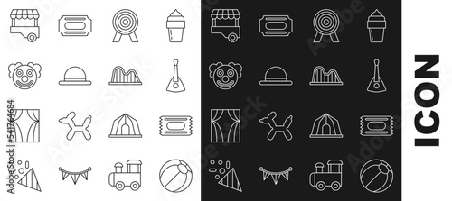 Set line Beach ball, Circus ticket, Balalaika, Target, Clown hat, head, Fast street food cart and Roller coaster icon. Vector