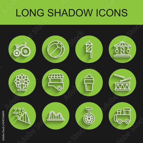 Set line Festive confetti, Roller coaster, Vintage bicycle, Unicycle or one wheel, Toy train, Fast street food cart, Drum with drum sticks and Ice cream icon. Vector