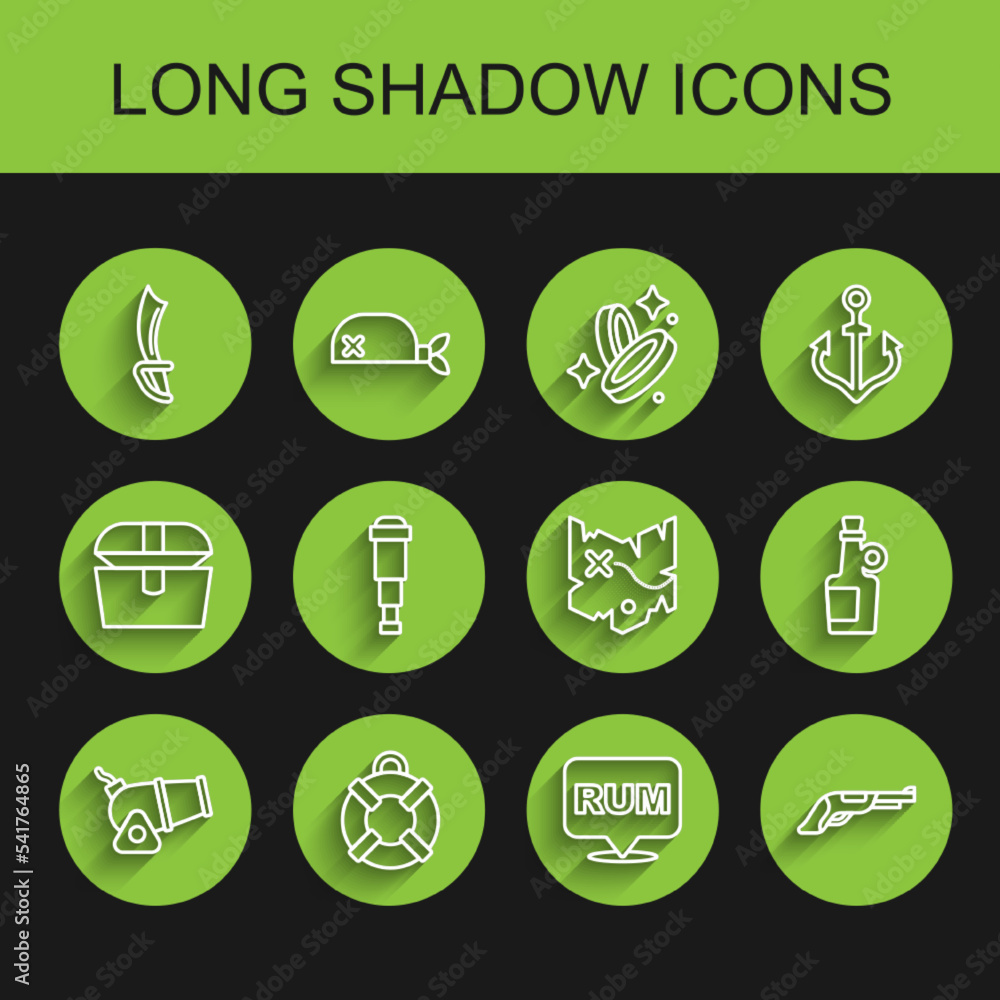 Fototapeta premium Set line Cannon, Lifebuoy, Pirate sword, Alcohol drink Rum, Vintage pistol, Spyglass telescope lens, and treasure map icon. Vector